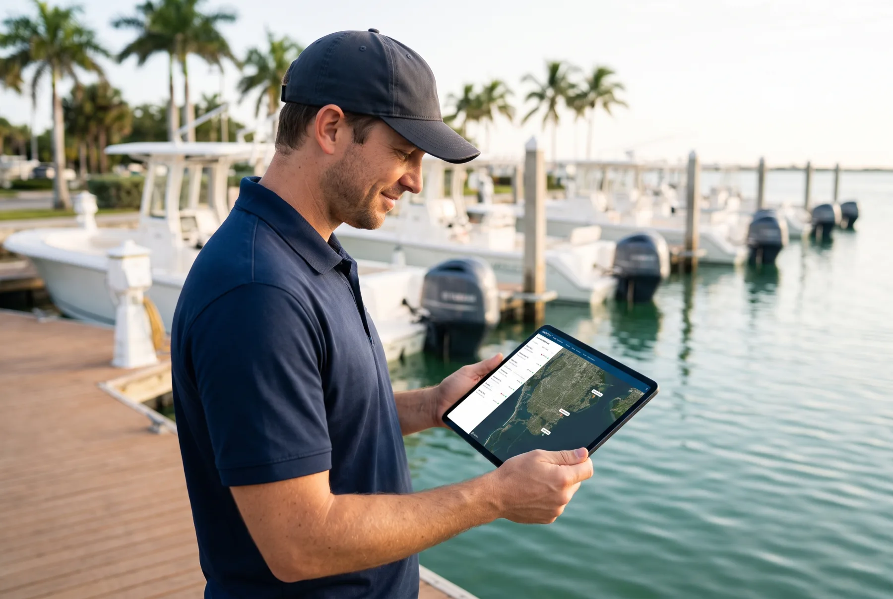 A dock manager checking the fleet map on a tablet