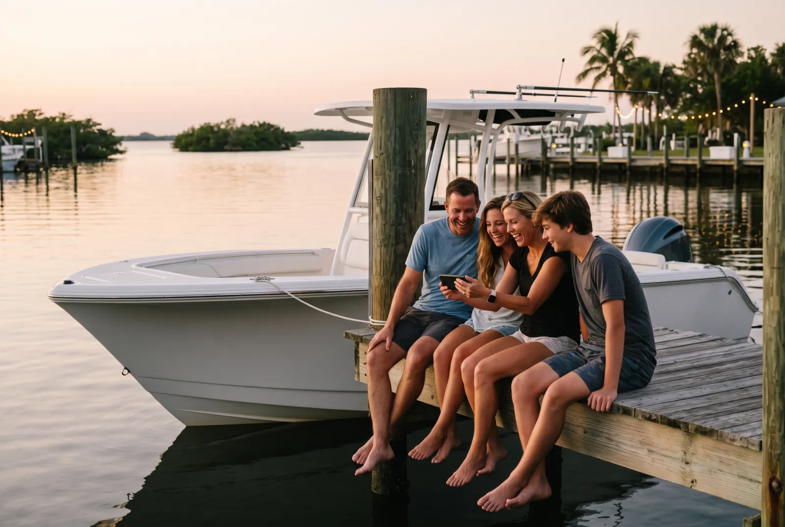 A family sitting on the edge of a dock at sunset beside their boat, laughing as they watch something on a phone