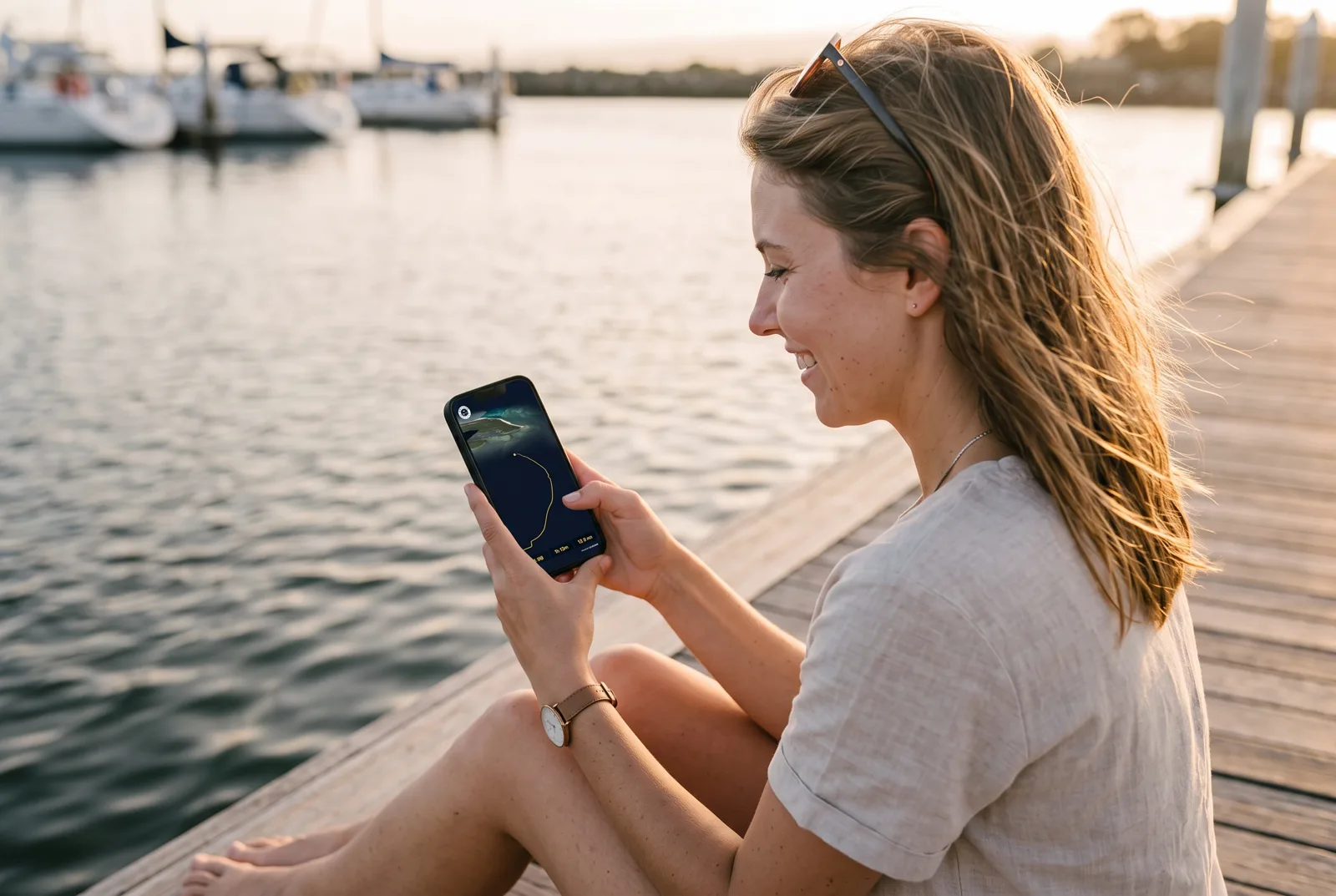 A guest smiling at her phone on a dock at sunset
