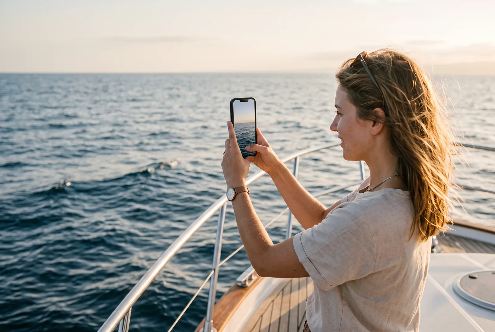A guest at the bow of a boat taking a photo of the open sea on their phone at sunset