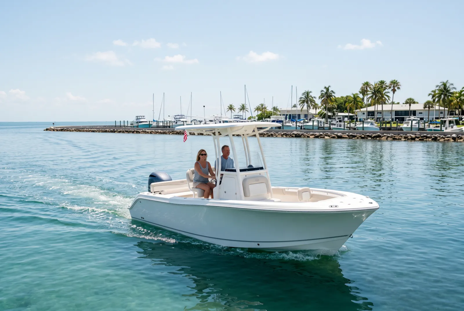 A couple in a center-console boat cruising back toward a marina lined with palm trees