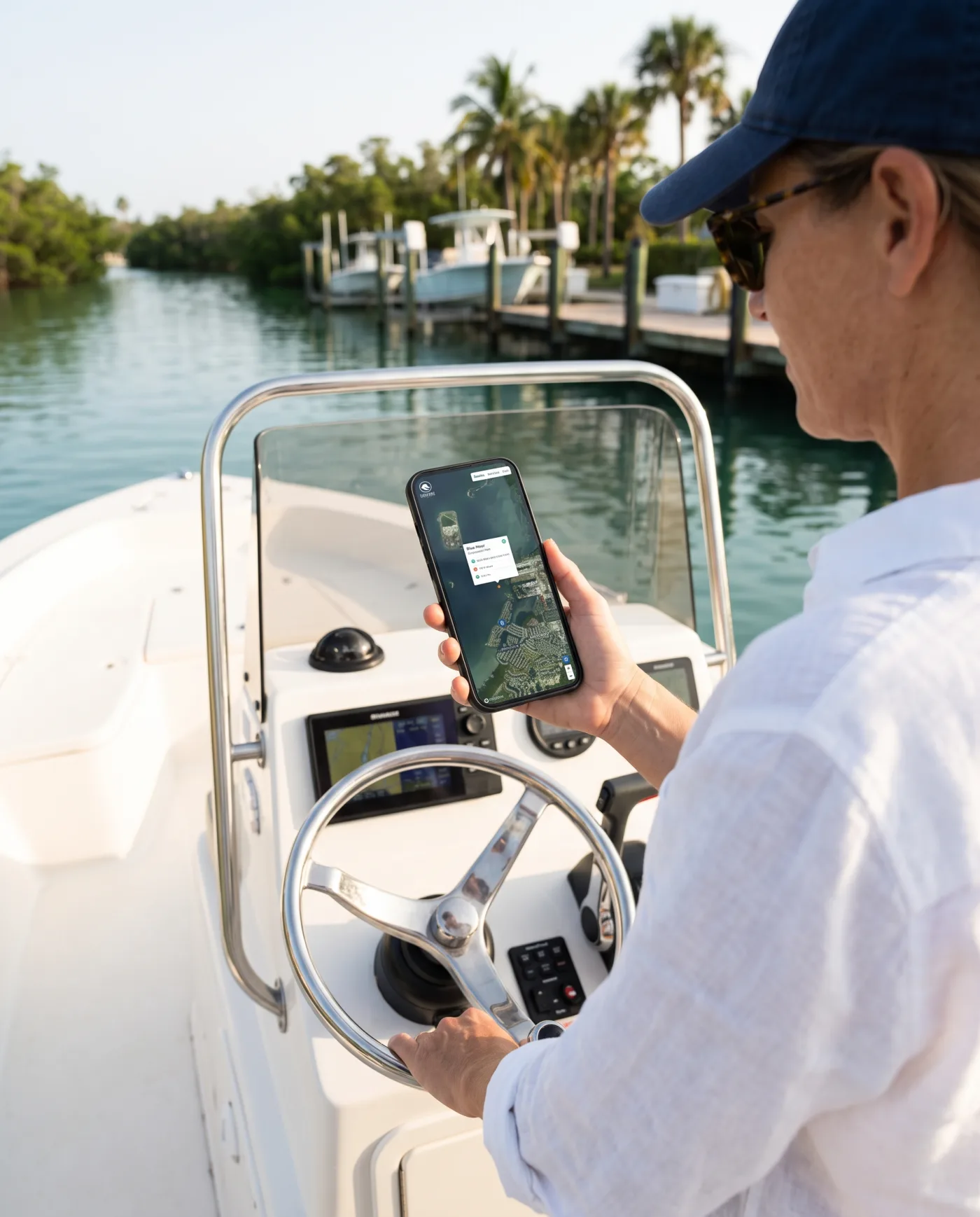 A member at the helm with Nebo Discovery open on a phone