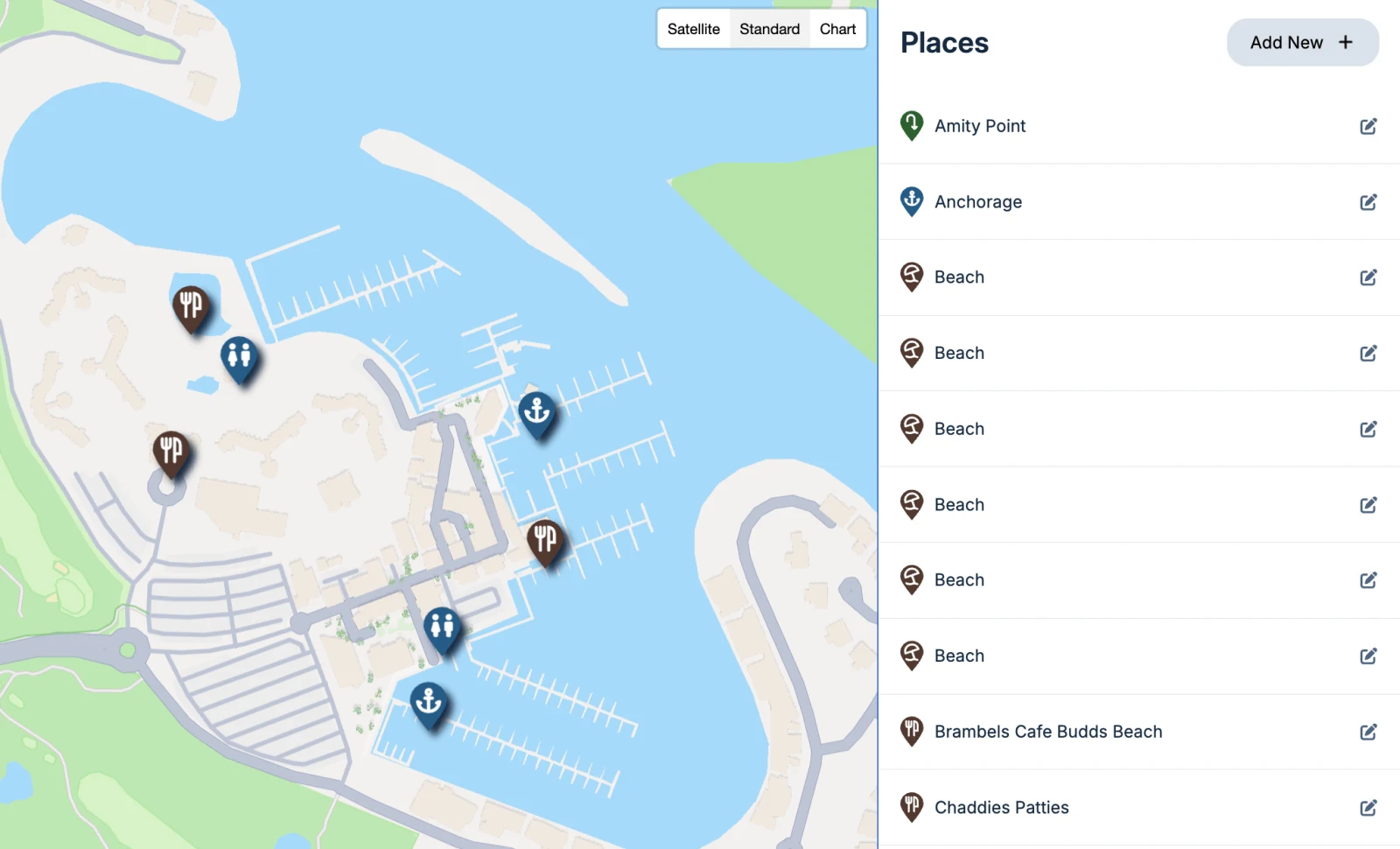The Nebo Discovery map editor, showing the map with points of interest pins alongside the Places panel where an operator adds and edits them