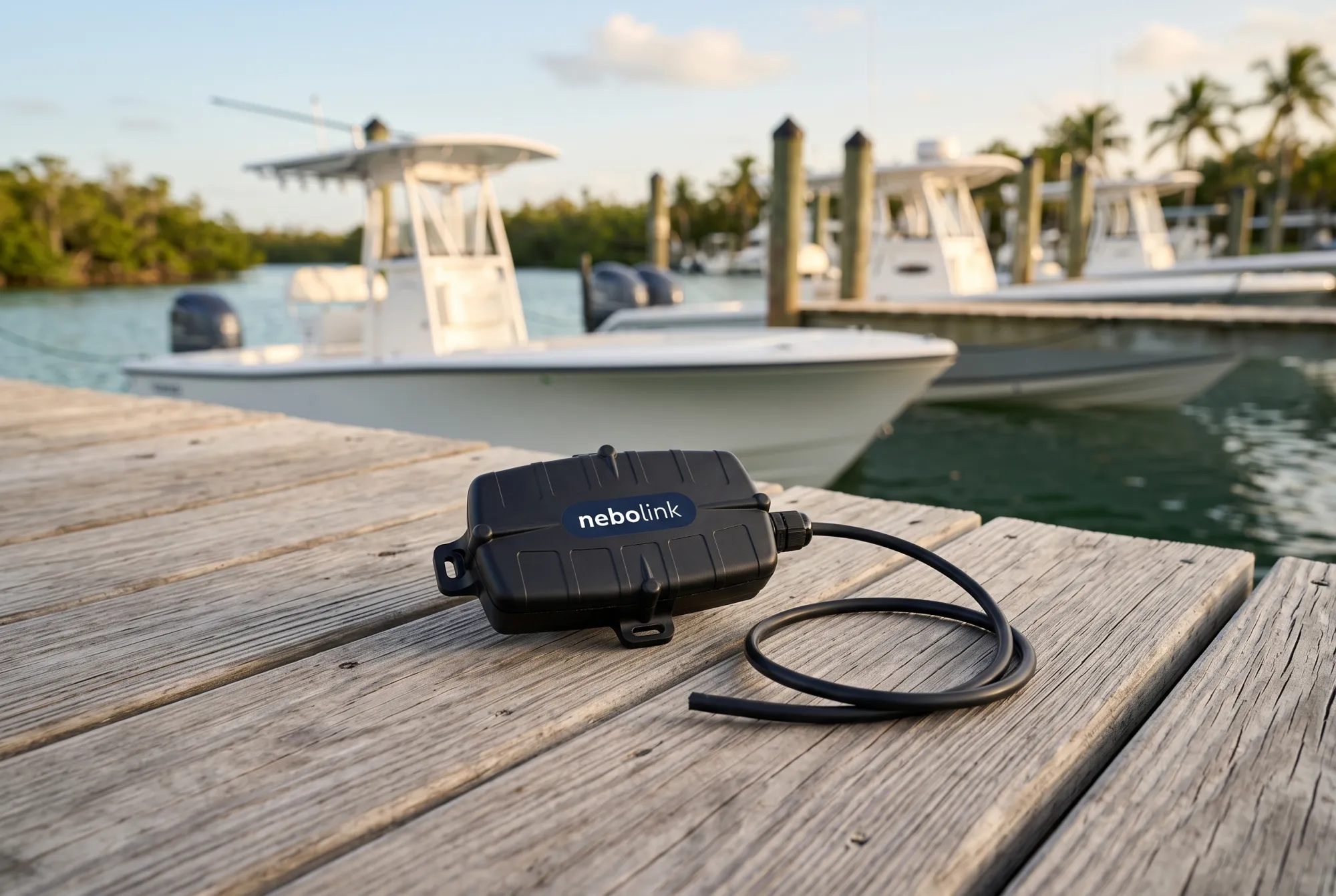 A nebolink tracker on a marina dock, with club boats moored behind